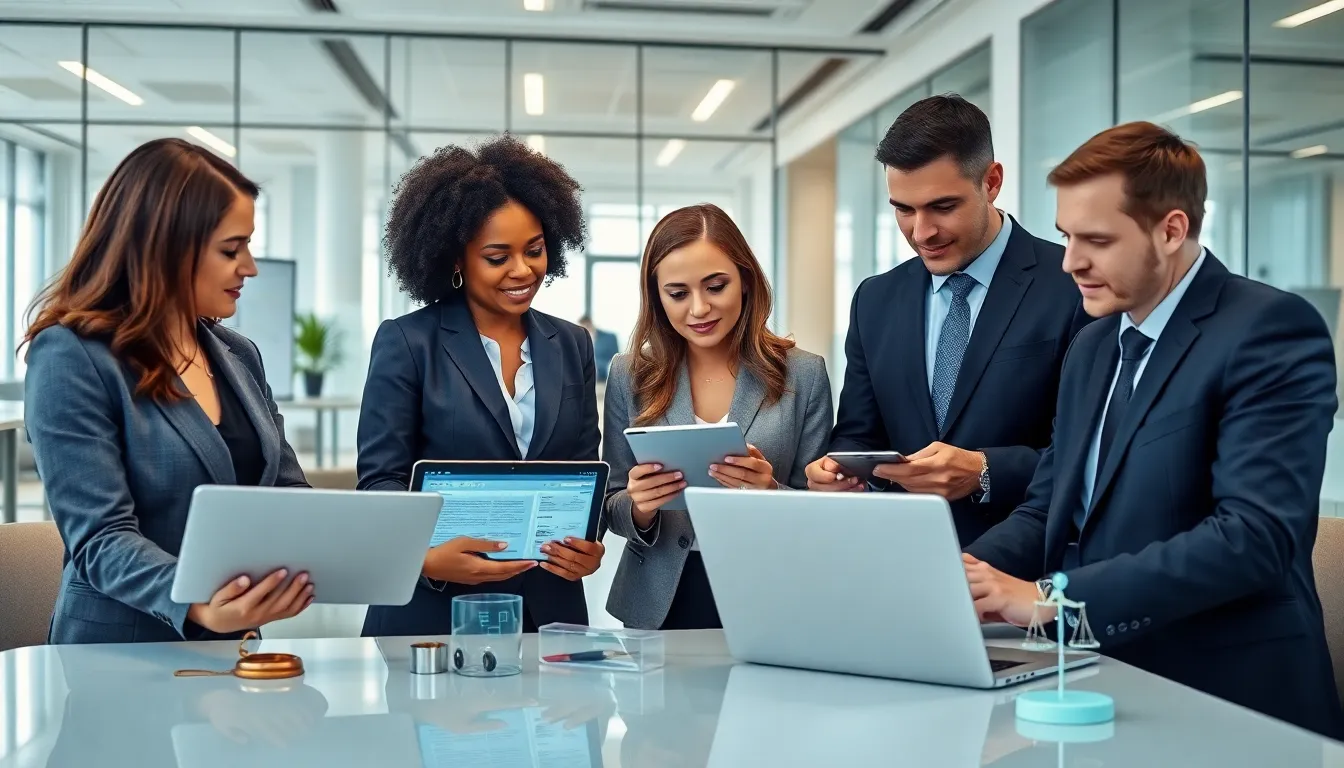 diverse professionals collaborating in a modern legal office with technology.