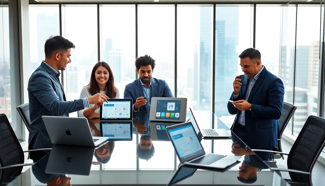 healthcare professionals discussing mobile health apps in a modern office.