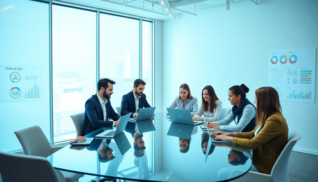 diverse team collaborating on enterprise mobile app development in a modern office.