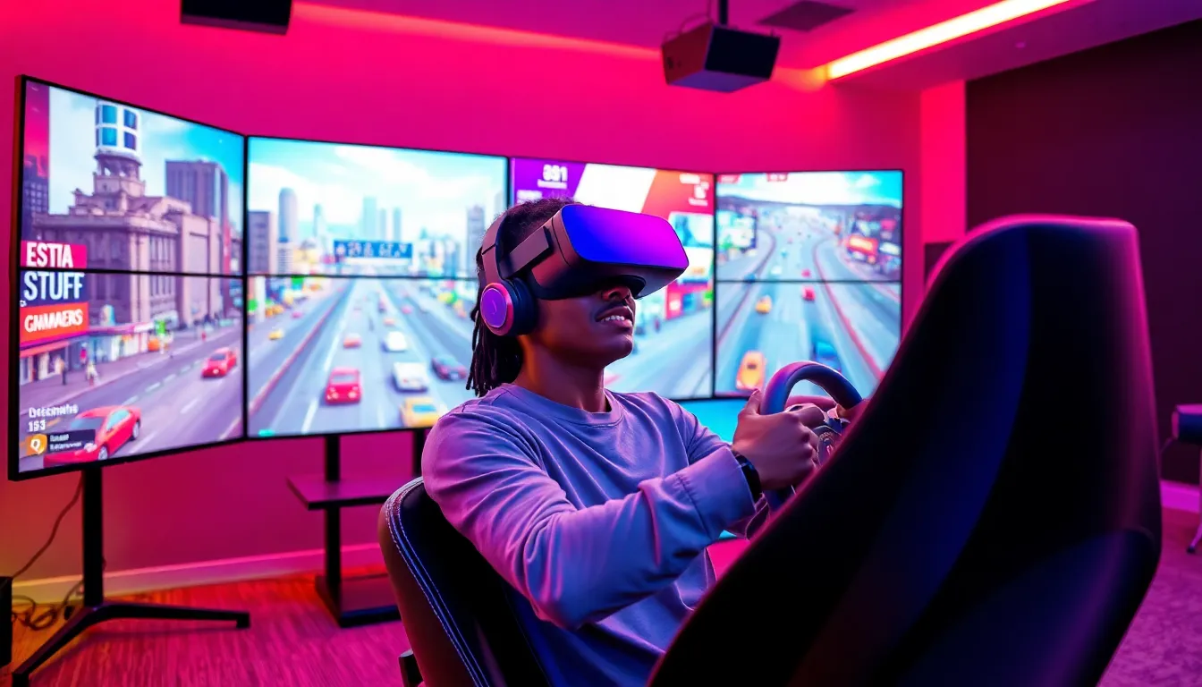gamer immersed in a VR driving game with a cityscape backdrop.