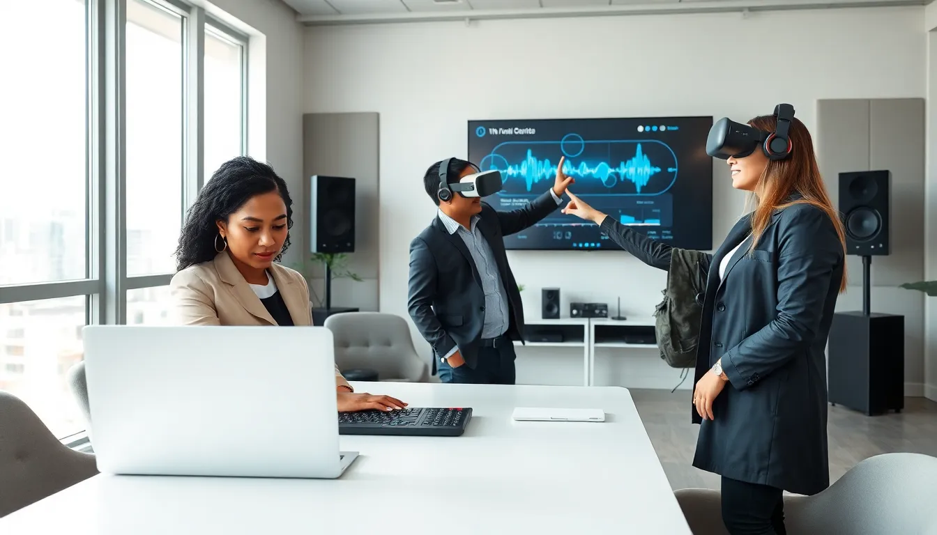 professionals collaborating on VR soundboard technology in a modern office.