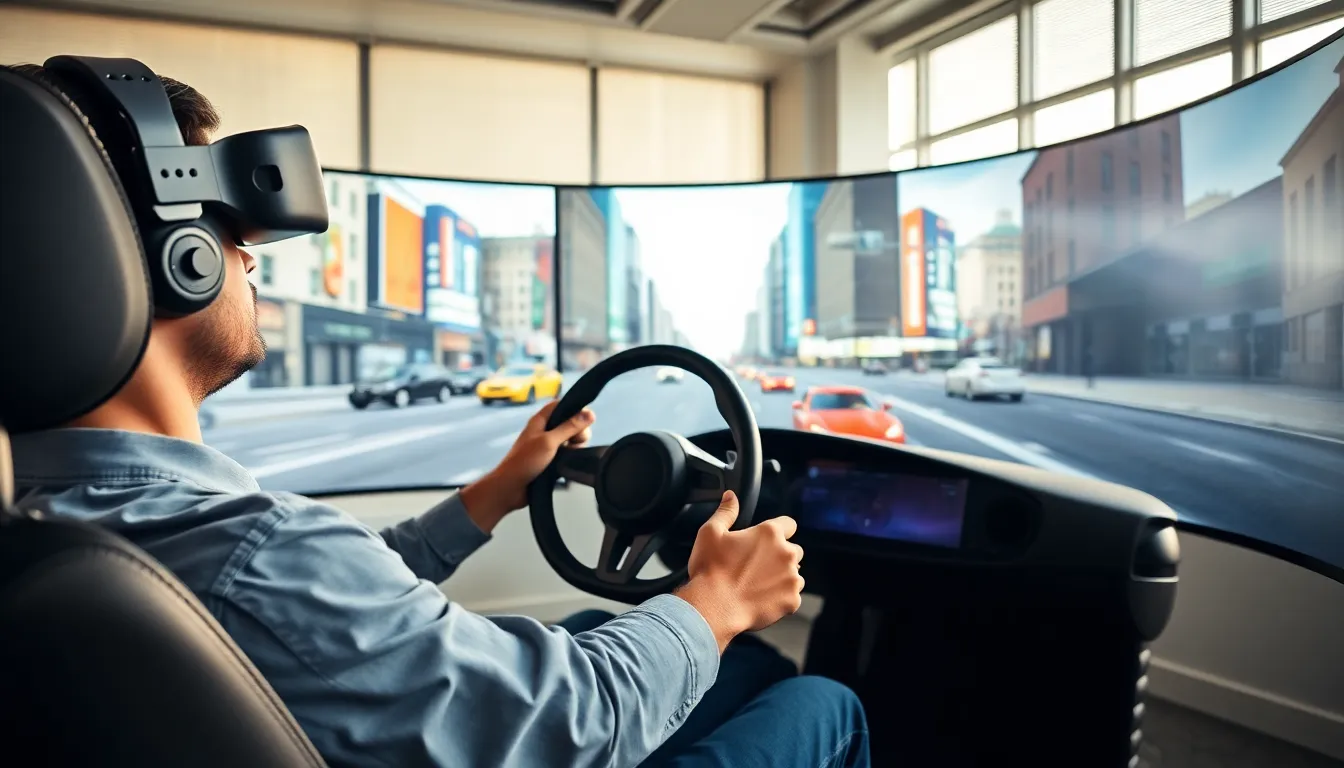 individual using a VR driving simulator in a modern office.