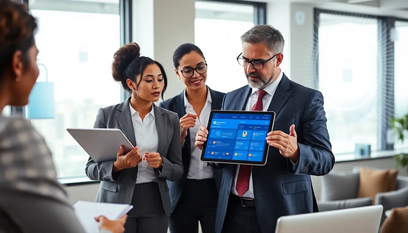 diverse team discussing mobile banking security in a modern office.